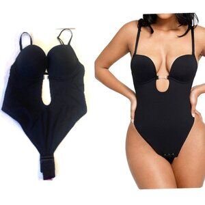 Backless U Plunge Thong Bodysuit Black Bra Size Large
